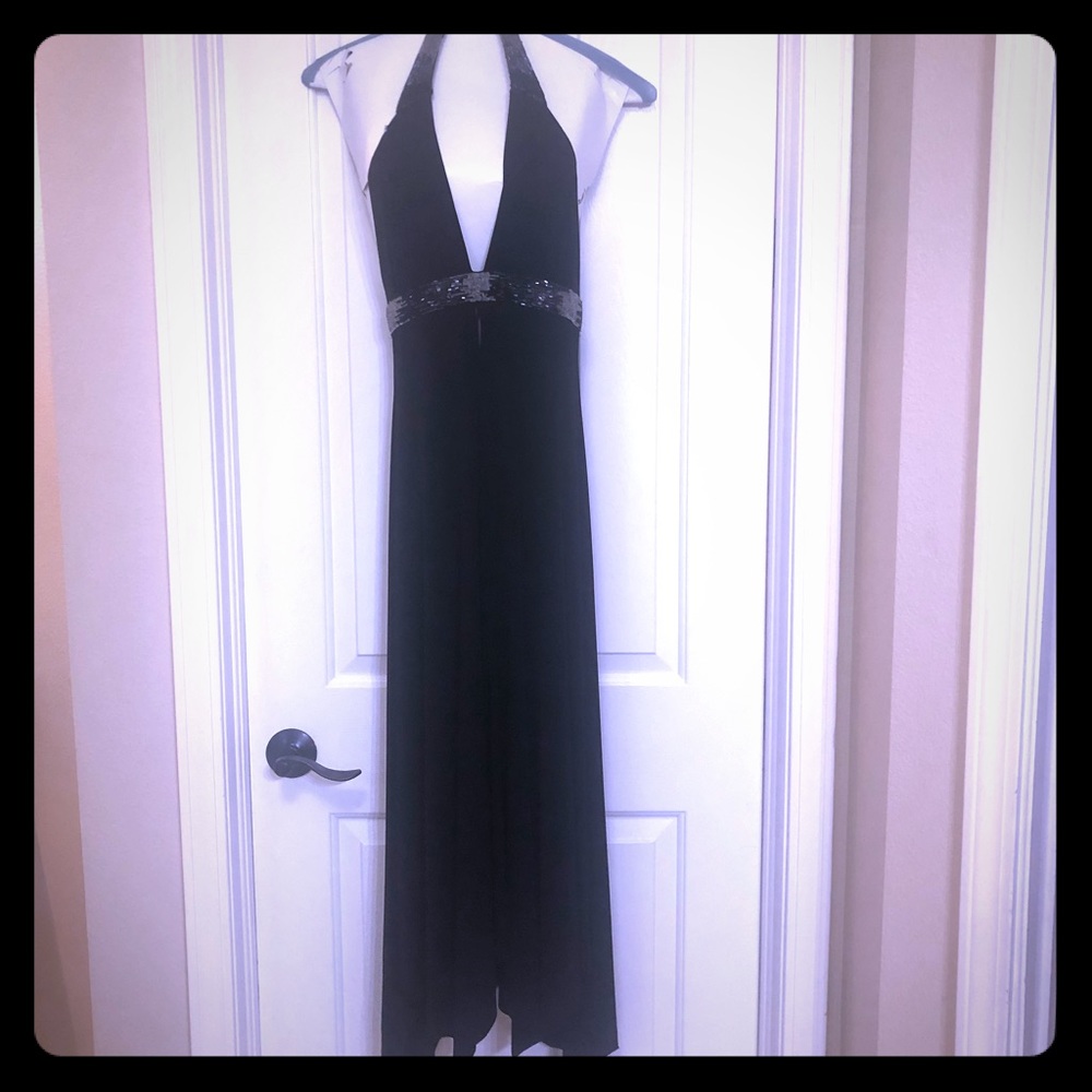 BCBGMAXAZRIA Deep Plunge Beaded Halter Dress